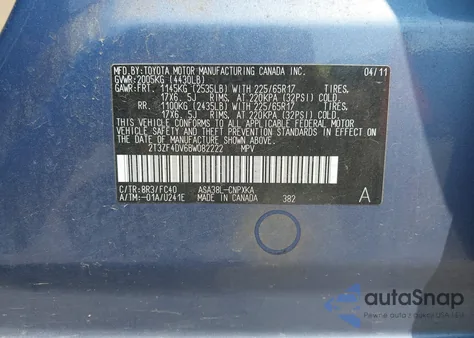 2011 Toyota Rav4 из США, поврежденный, VIN 2T3ZF4DV6BW082222